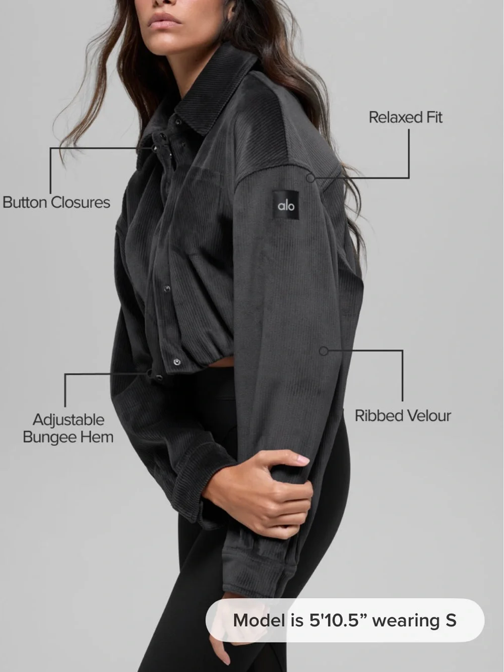 ALO Yoga Black Ribbed Velour Cropped Jacket